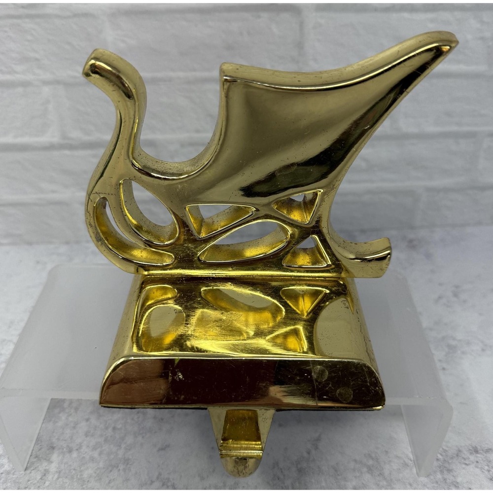 Vintage‎ Gold Christmas Sleigh Stocking Hanger Holder Mantle Shelf Decor